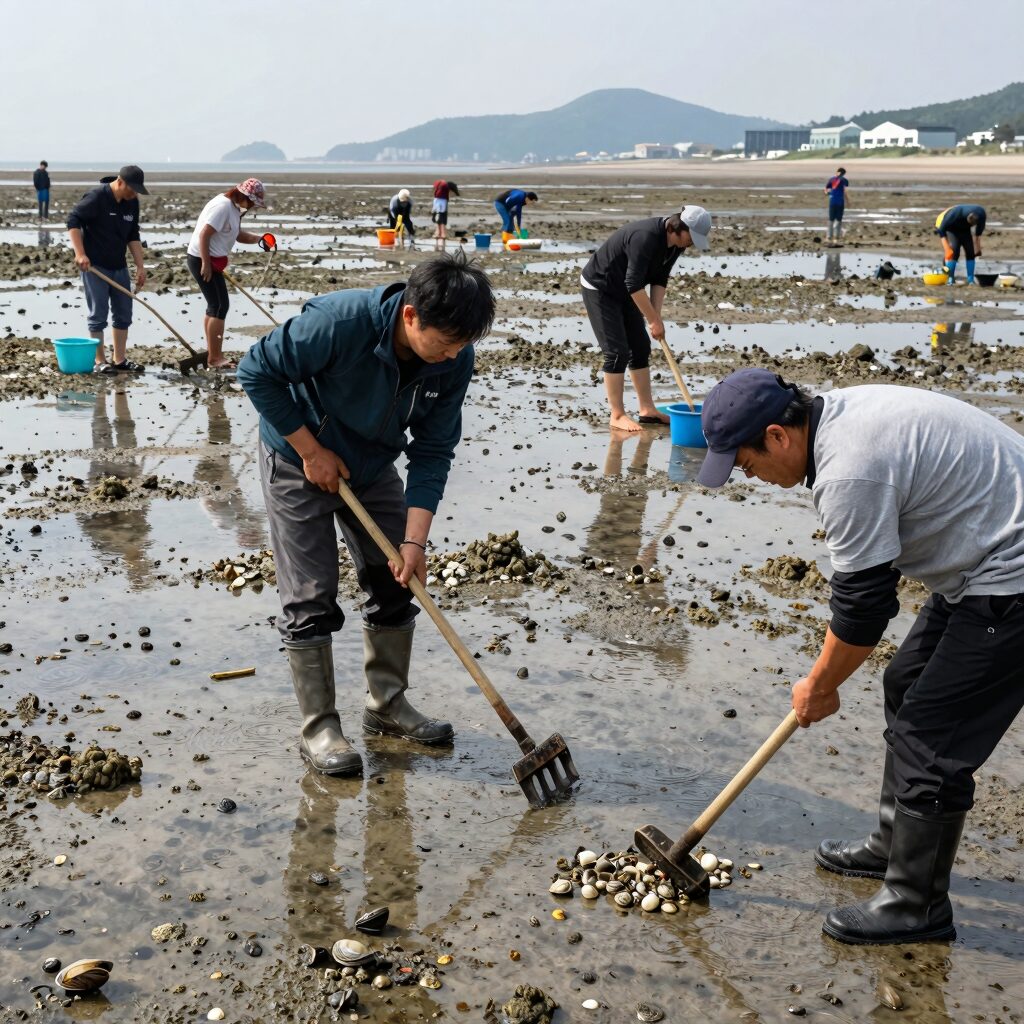 서천 비인해수욕장 동죽 조개를 캐는 사람들의 모습. 갯벌이 넓게 드러나 있고 사람들이 호미로 바닥을 긁고 있다.