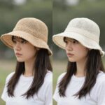여름 모자 선택 꿀팁 머리 안아픈 썬캡 머리 안아픈 라피아 썬캡과 코튼 트러커 캡 비교 사진, 여름 모자 착용 핏 차이를 보여줌