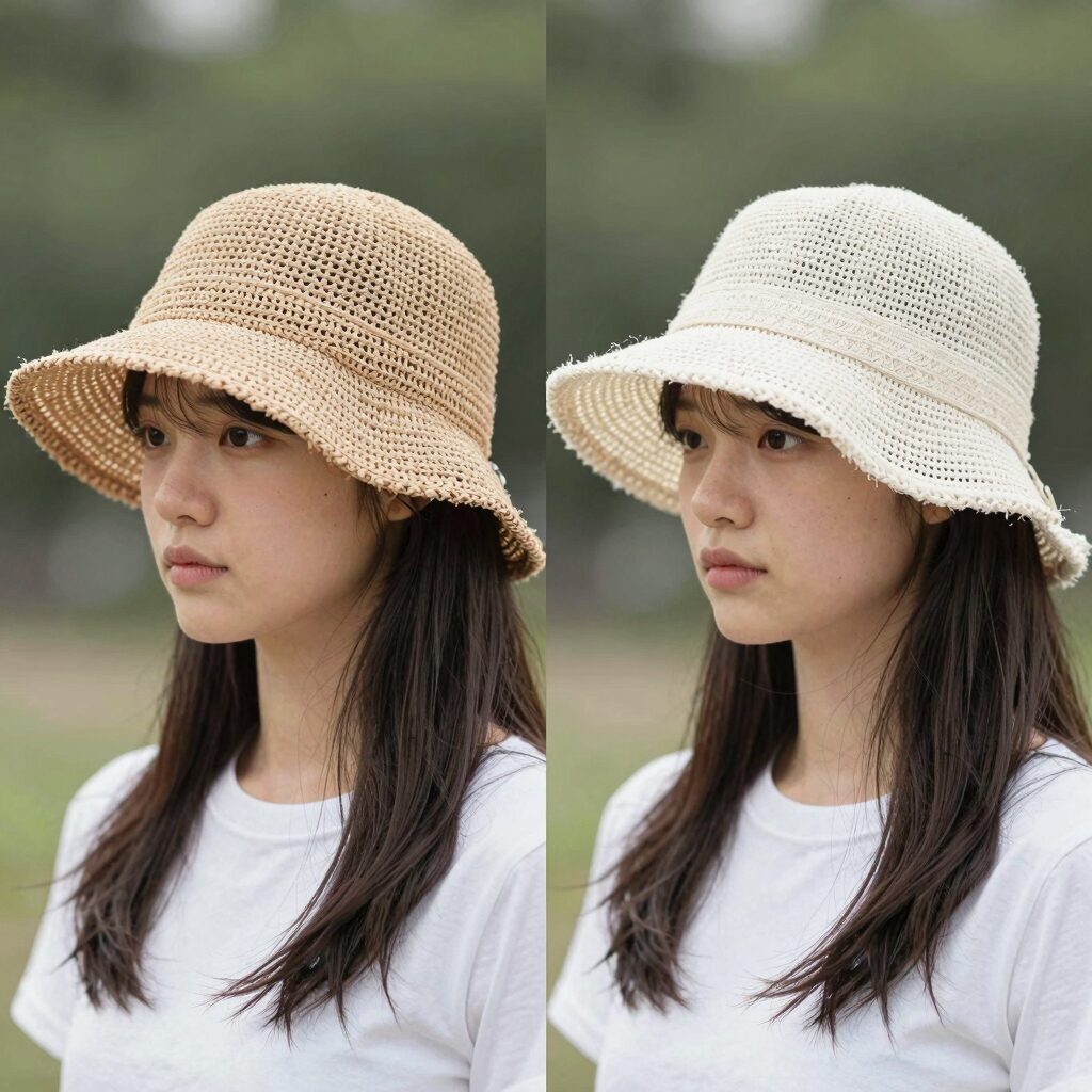 머리 안아픈 라피아 썬캡과 코튼 트러커 캡 비교 사진, 여름 모자 착용 핏 차이를 보여줌