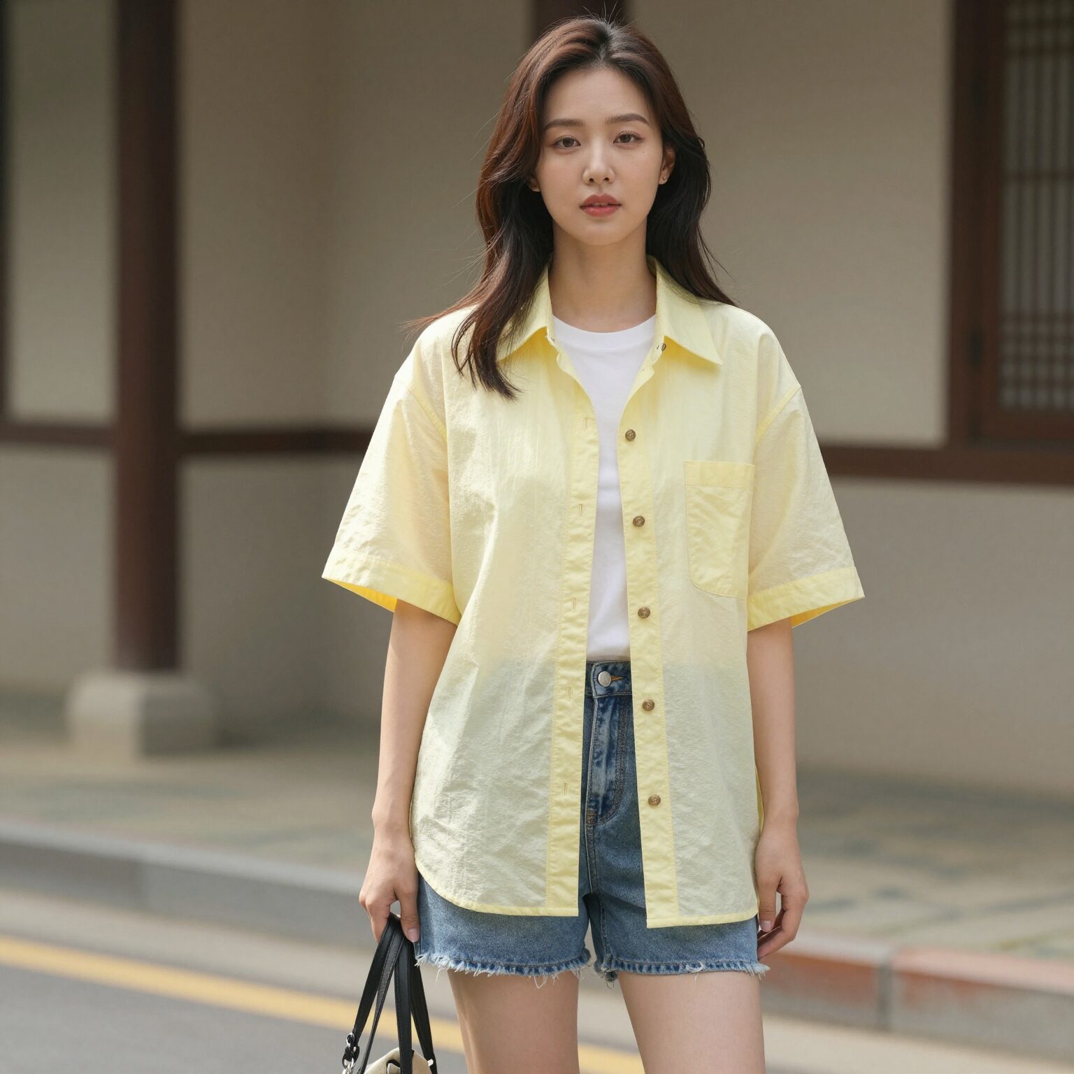 밝은 색상의 여름 점퍼를 입은 여성의 캐주얼 코디