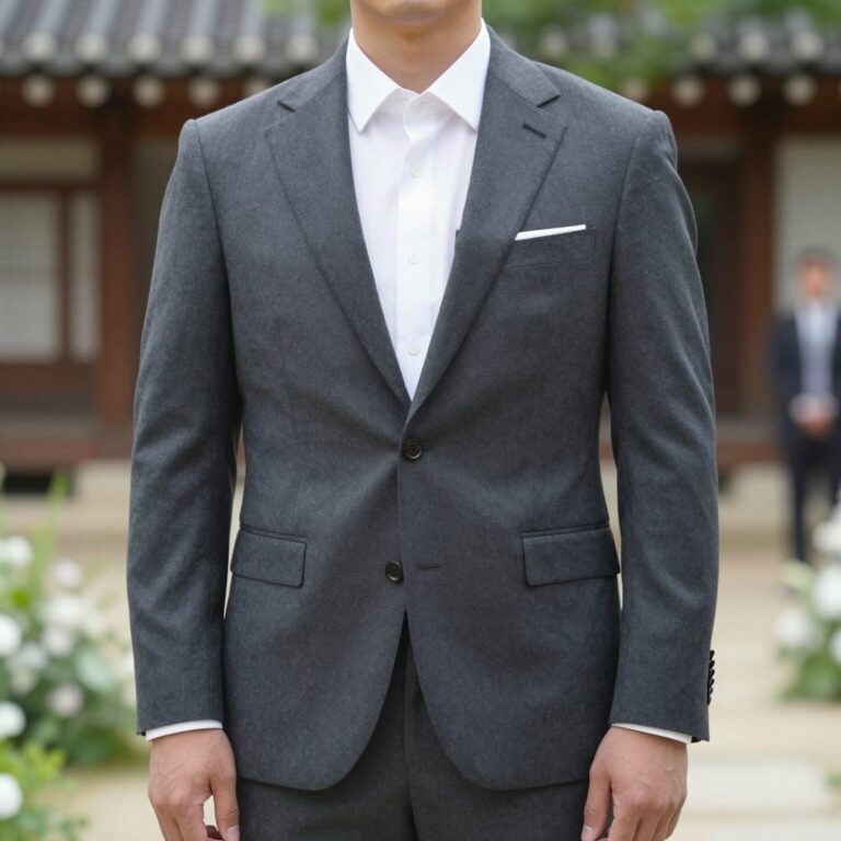 여름 셋업 수트를 입고 결혼식 하객으로 참석한 남성의 모습. 얇은 보카시 원단의 차콜 수트가 깔끔하고 시원해 보인다.