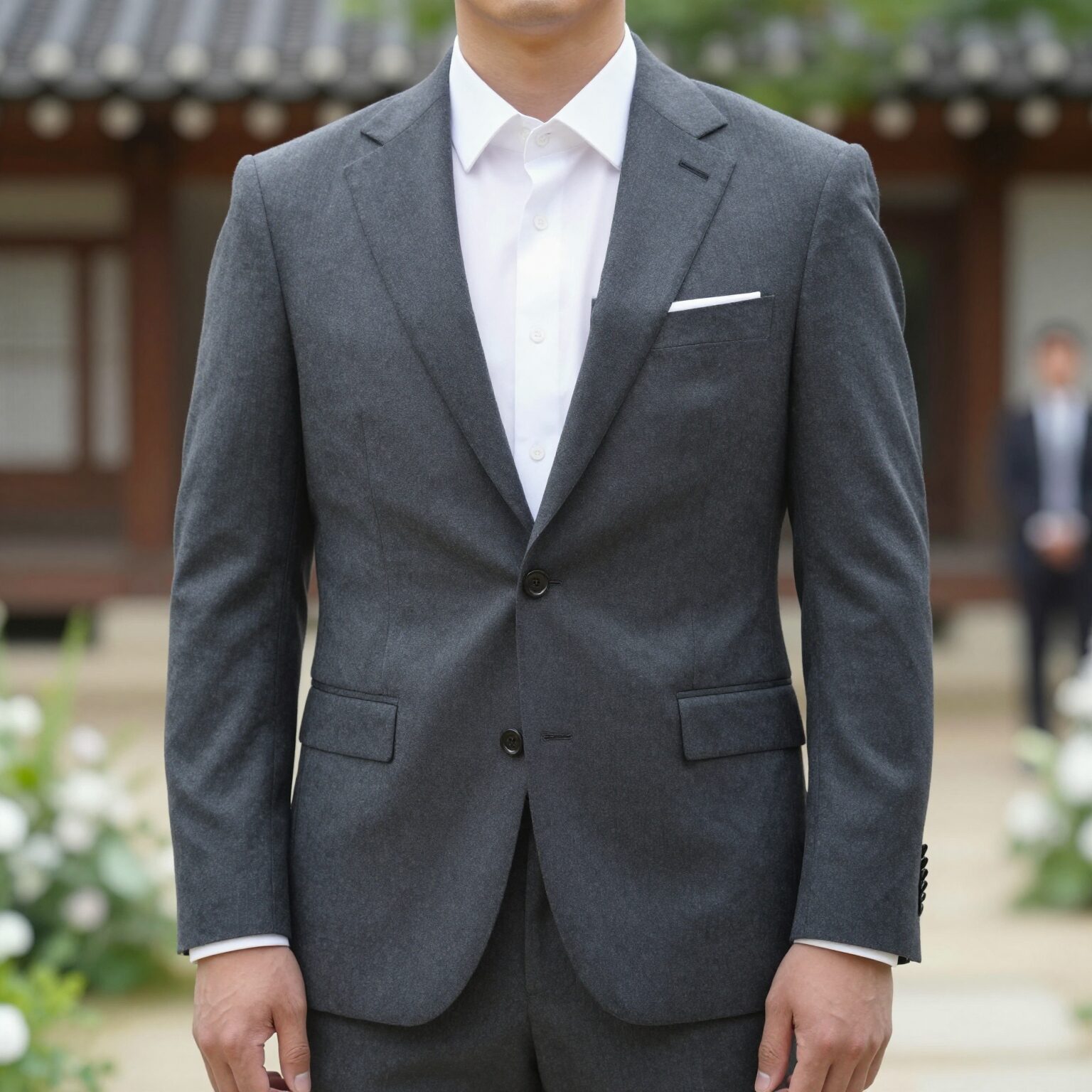 여름 셋업 수트를 입고 결혼식 하객으로 참석한 남성의 모습. 얇은 보카시 원단의 차콜 수트가 깔끔하고 시원해 보인다.
