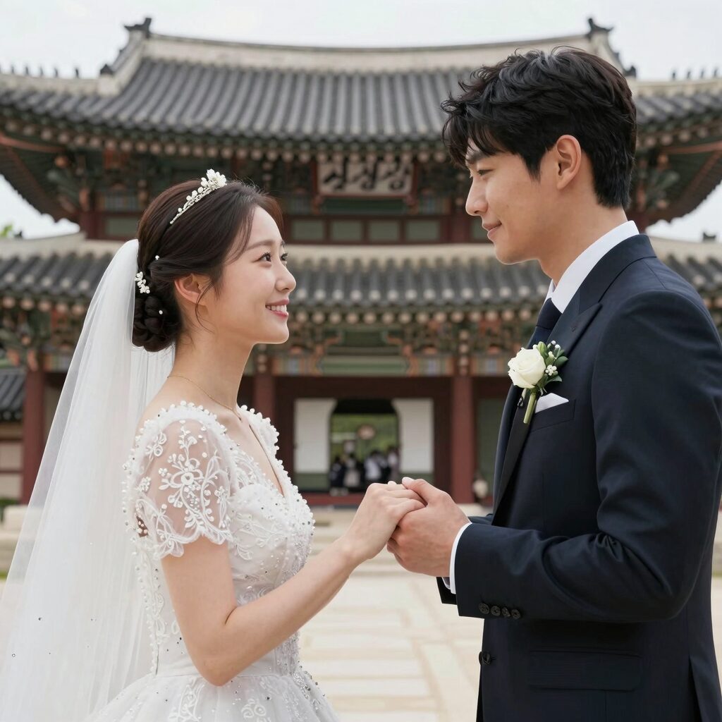 순자와 최주원이 삼청각에서 결혼식 후 손을 잡고 있는 사진