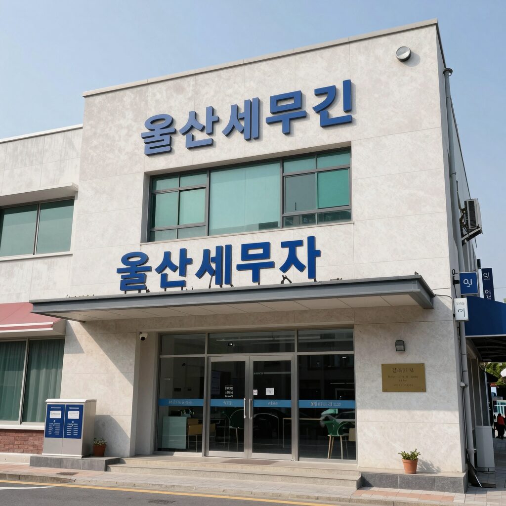 울산세무서 건물 외관 전경. 남구 삼산동에 위치하며 주변에 상업시설이 밀집되어 있음.