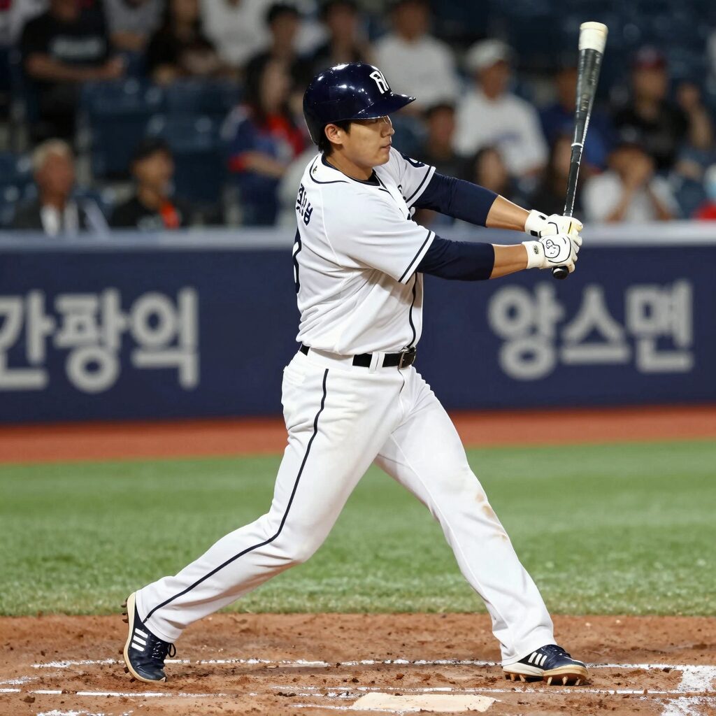 강승호가 KBO 경기에서 동점 홈런을 치고 베이스를 돌고 있는 장면