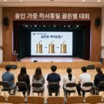용인 가족 역사통일 골든벨 대회 현장 사진. 넓은 강당에 참가자들이 앉아 있고 무대에 골든벨 문제가 표시되어 있다.