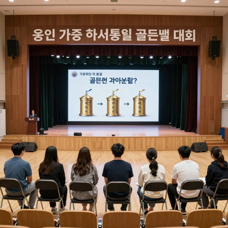 용인 가족 역사통일 골든벨 대회 현장 사진. 넓은 강당에 참가자들이 앉아 있고 무대에 골든벨 문제가 표시되어 있다.