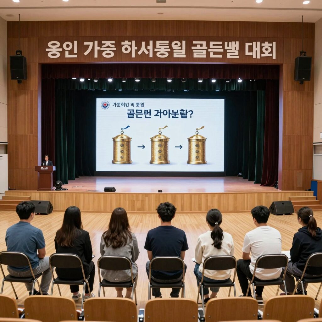 용인 가족 역사통일 골든벨 대회 현장 사진. 넓은 강당에 참가자들이 앉아 있고 무대에 골든벨 문제가 표시되어 있다.