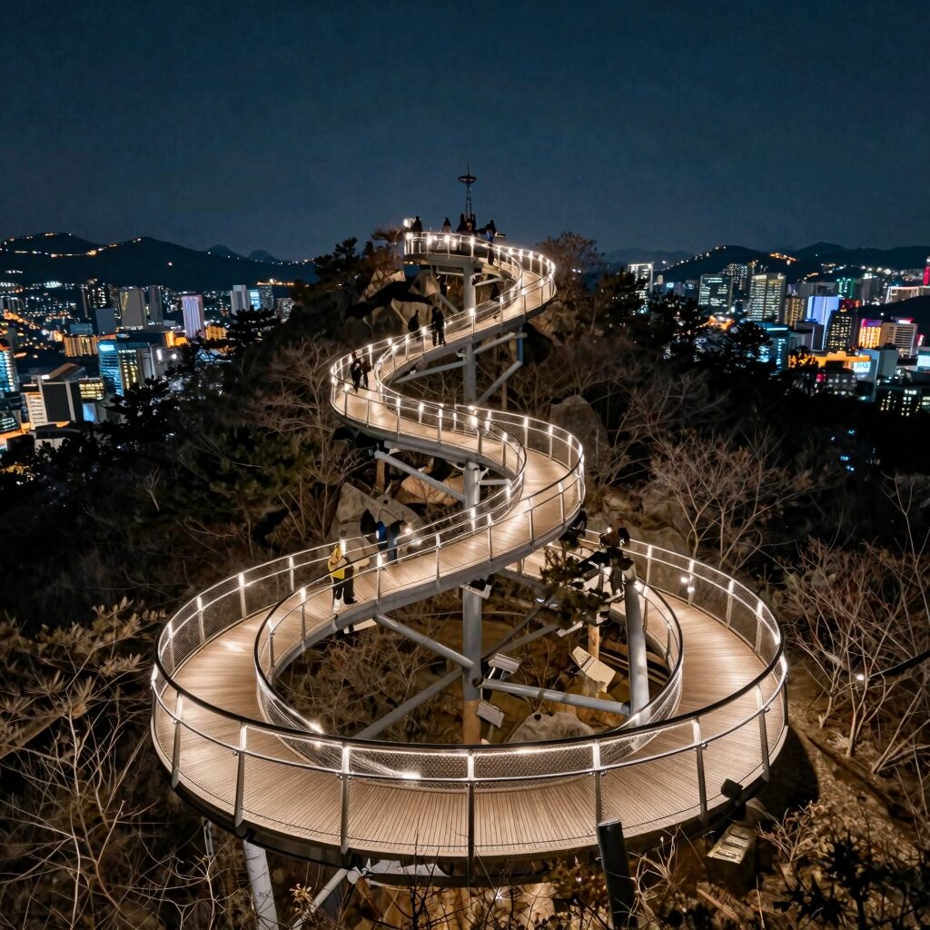야간에 조명이 켜진 용왕산스카이워크 달팽이 모양 데크와 서울 야경