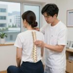 도수치료사가 환자의 척추 정렬을 손으로 확인하고 교정하는 모습