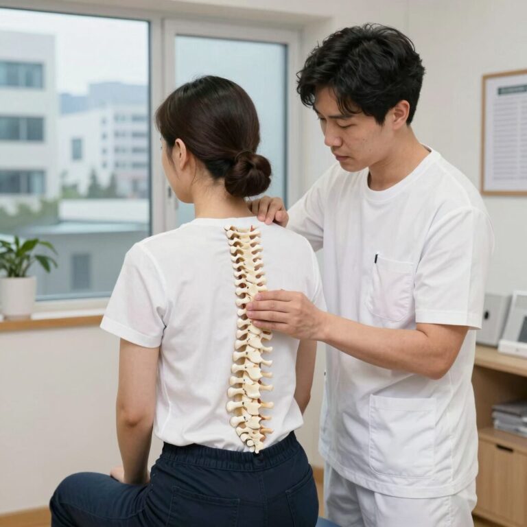 도수치료사가 환자의 척추 정렬을 손으로 확인하고 교정하는 모습