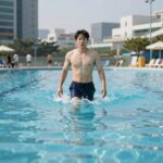 워터파크에서 성인 암튜브를 착용하고 물 위에 둥둥 떠 있는 모습. 수영을 못해도 안정적으로 부력 유지