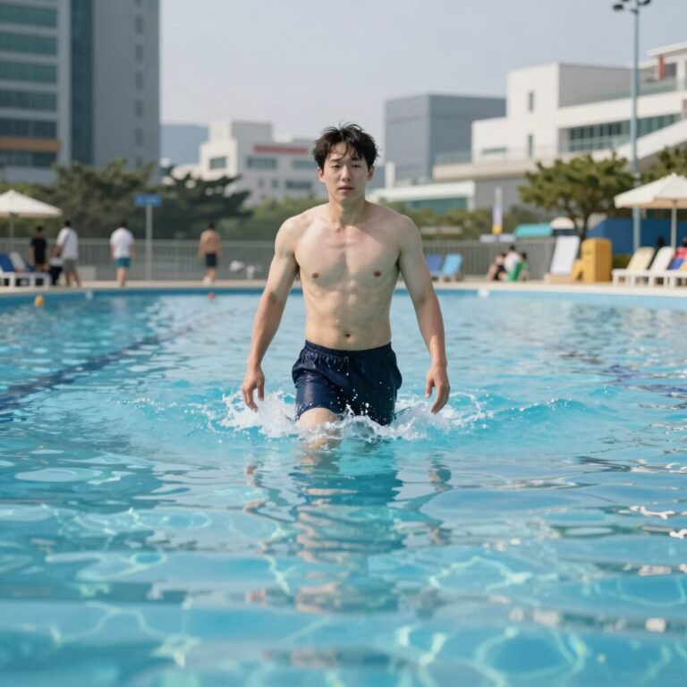 워터파크에서 성인 암튜브를 착용하고 물 위에 둥둥 떠 있는 모습. 수영을 못해도 안정적으로 부력 유지