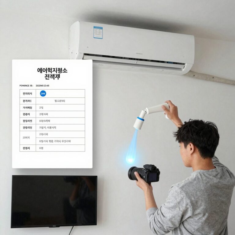 에어컨 청소 가격 비교를 위해 여러 업체의 견적서와 작업 사진을 비교하는 이미지
