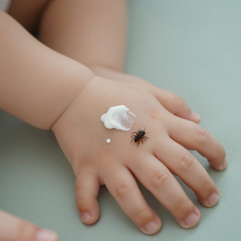 아기 팔에 모기 물린 부위에 물린디 키드 크림을 바르는 모습