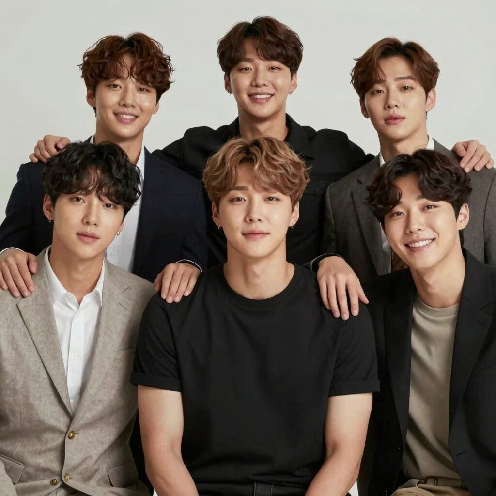 빅뱅 멤버 5명이 어깨동무를 하고 웃고 있는 단체 사진