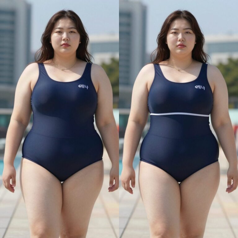 빅사이즈 수영복 비교 사진으로 아레나와 배럴의 실제 착용 차이를 보여주는 이미지