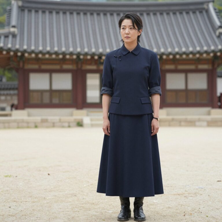 보브 리브드 슬리브리스와 스커트 네이비 셋업 착용 모습