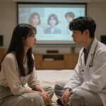 멋진 신세계 드라마에서 버나드와 레니나가 신세계의 집단의식을 바라보는 장면, 통제된 행복의 아이러니를 보여줌