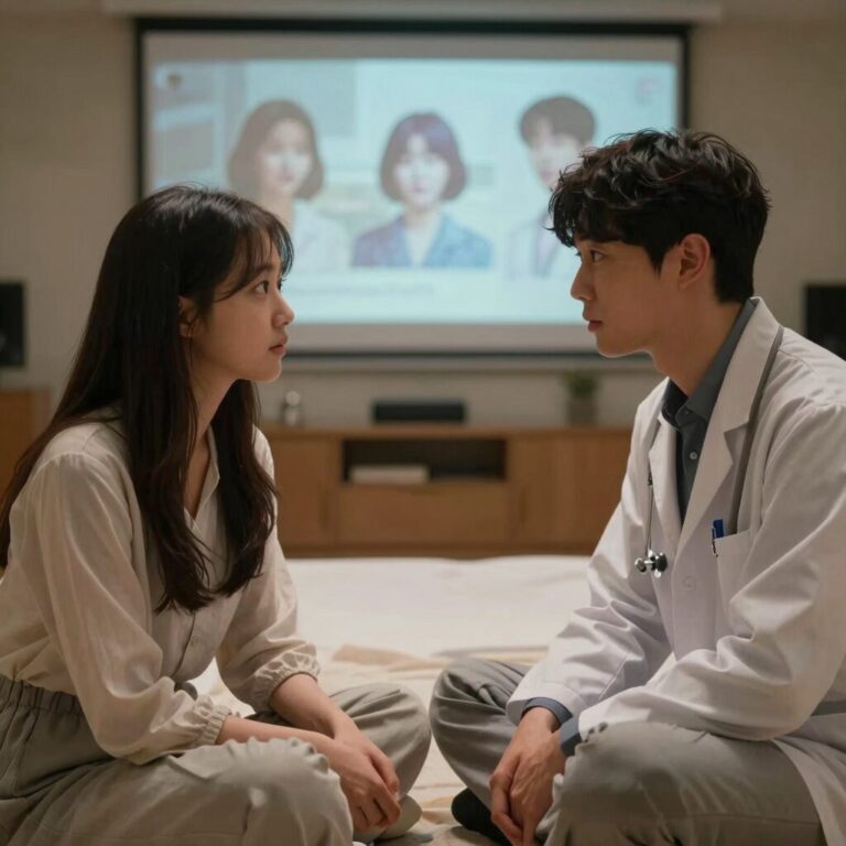 멋진 신세계 드라마에서 버나드와 레니나가 신세계의 집단의식을 바라보는 장면, 통제된 행복의 아이러니를 보여줌