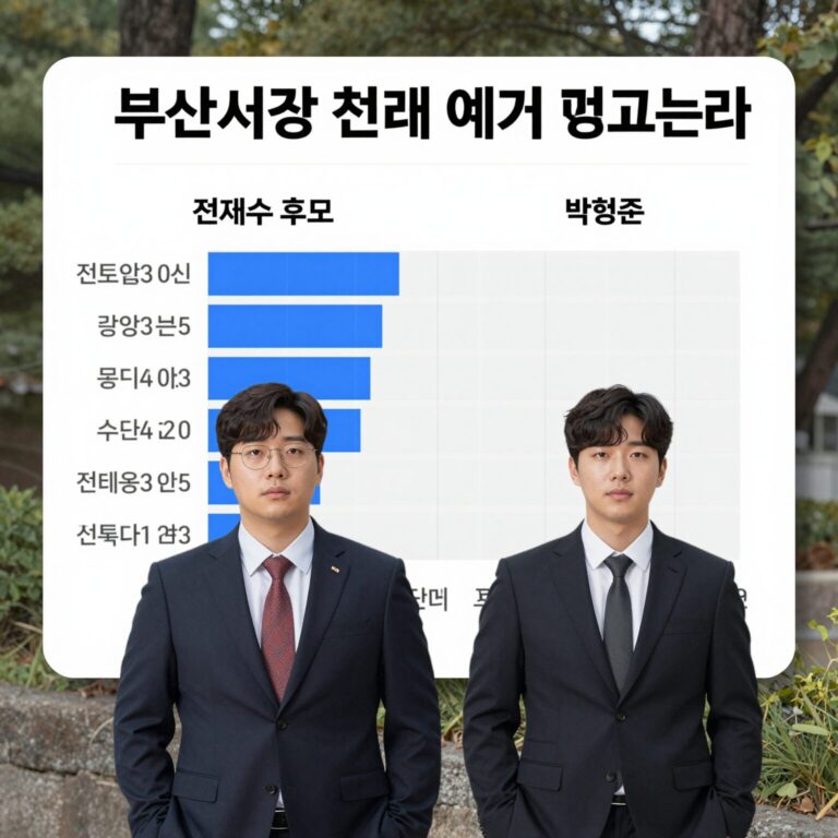 부산시장 선거 여론조사 결과 분석 그래프, 전재수 후보와 박형준 후보의 지지율 차이를 보여주는 표와 막대그래프