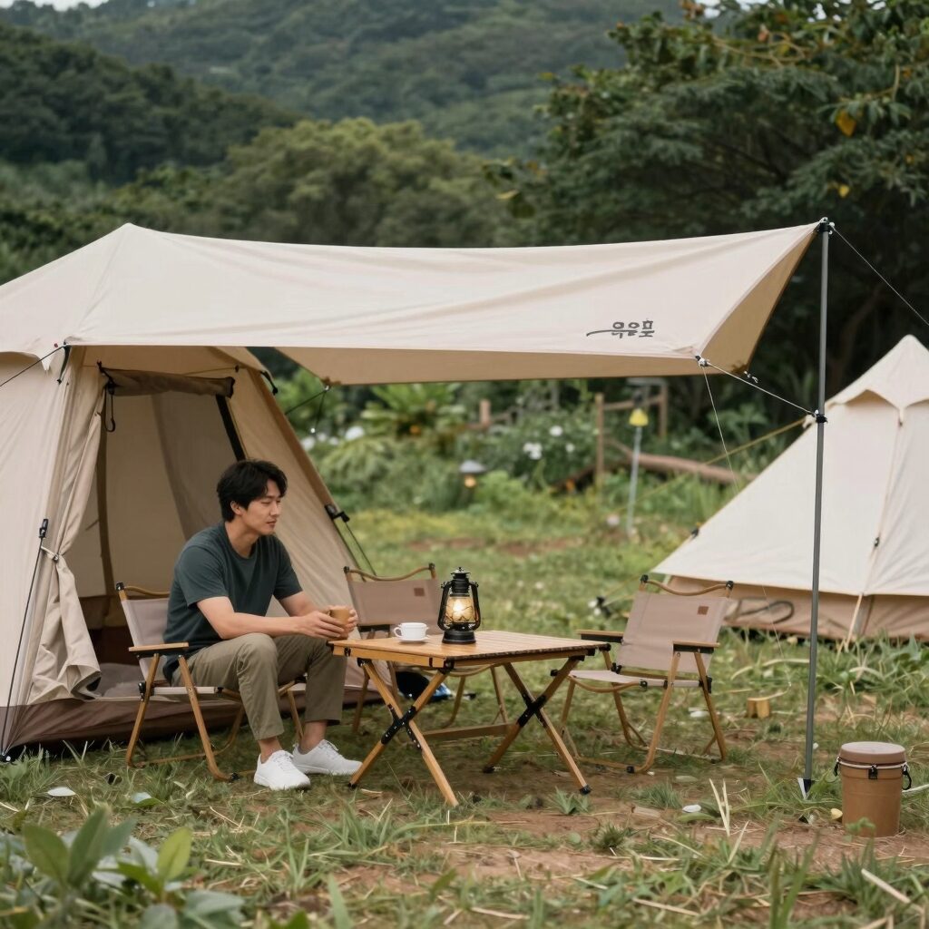 캠핑장에서 위오 가변폴대와 홀리데이 미니타프를 설치한 모습