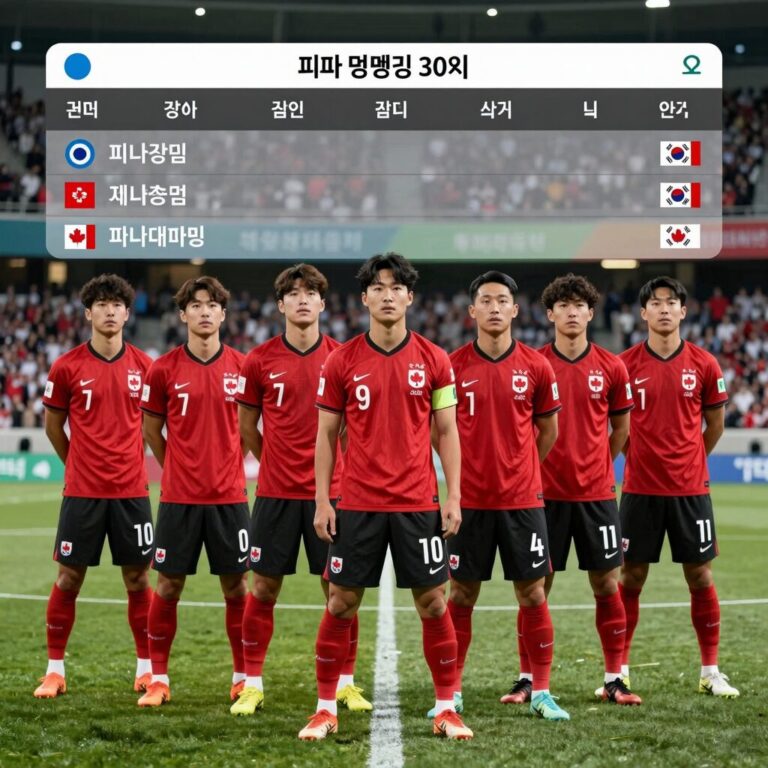 캐나다 축구 국가대표팀 선수들이 피파랭킹 30위를 나타내는 그래프와 함께 포즈를 취하고 있는 모습