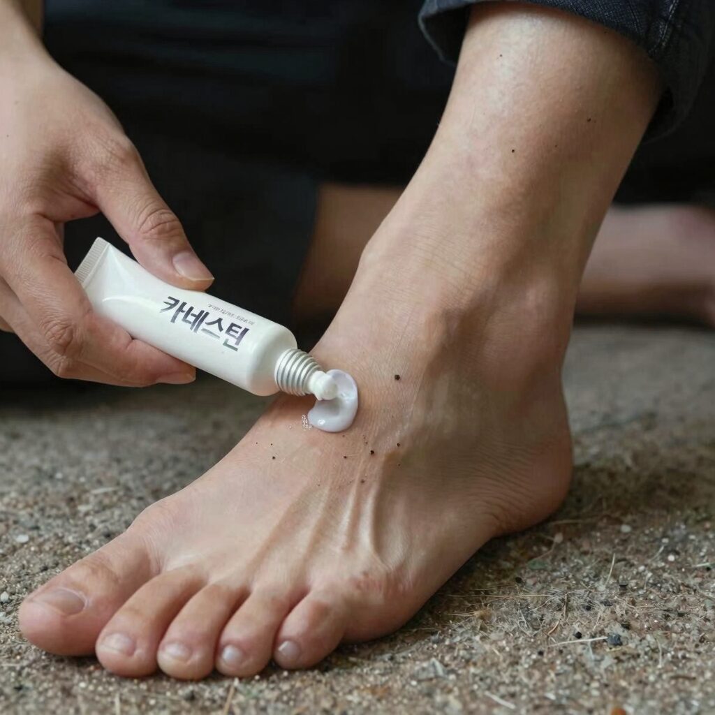무좀약 카네스텐 크림을 발가락 사이에 얇게 바르고 있는 모습