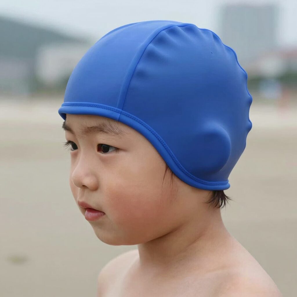 아동 수영모자 실리콘 재질로 아이가 착용한 모습. 귀까지 덮으며 밀착된 핏을 보여줌