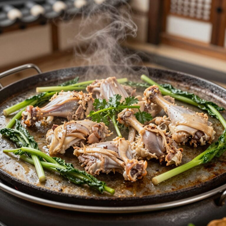 춘천 통나무집 닭갈비 철판 위에 지글지글 익어가는 닭다리살과 야채 모습