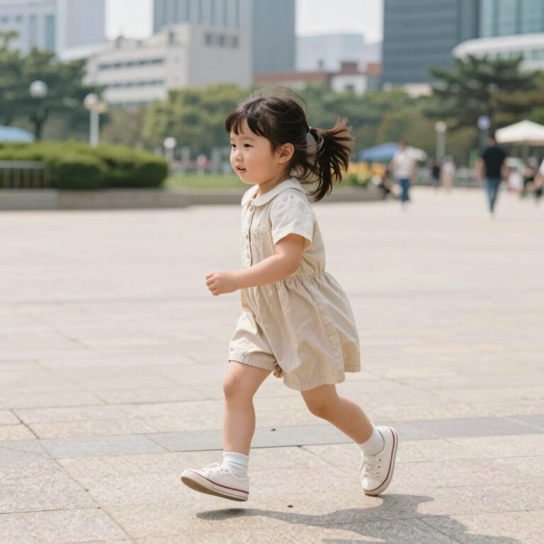 코코모메 끈 원피스를 입고 공원에서 뛰노는 여아