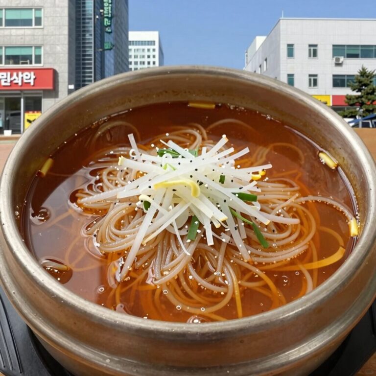 시원한 메밀소바 완성 그릇에 살얼음 동동 육수와 토핑이 어우러진 모습