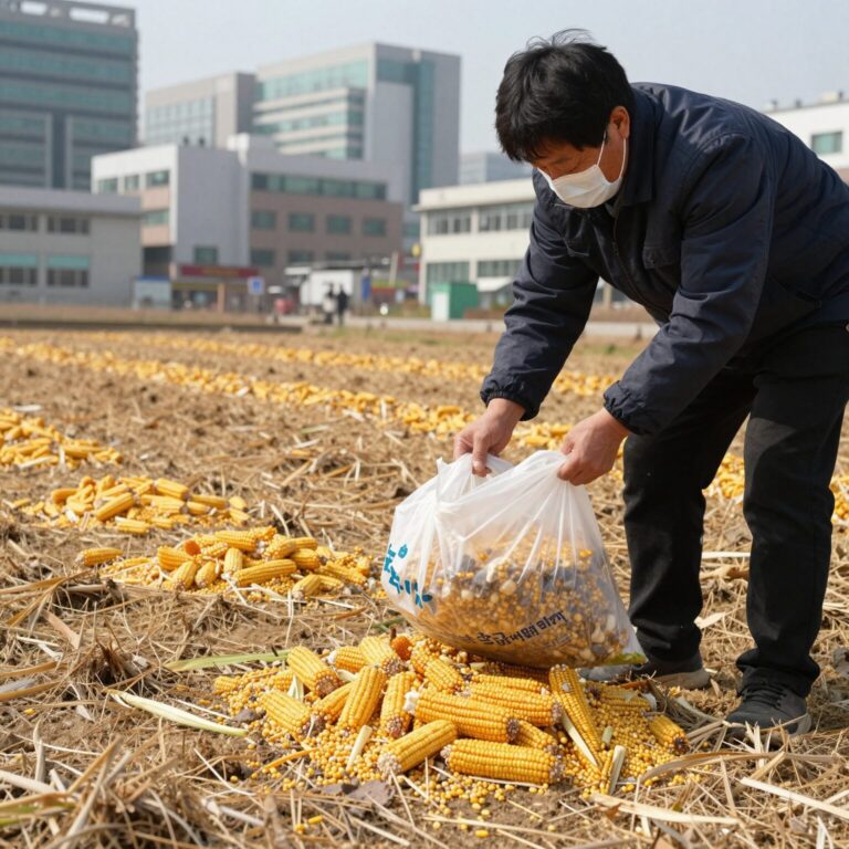 옥수수 껍질과 대를 일반 쓰레기 봉투에 버리는 사진