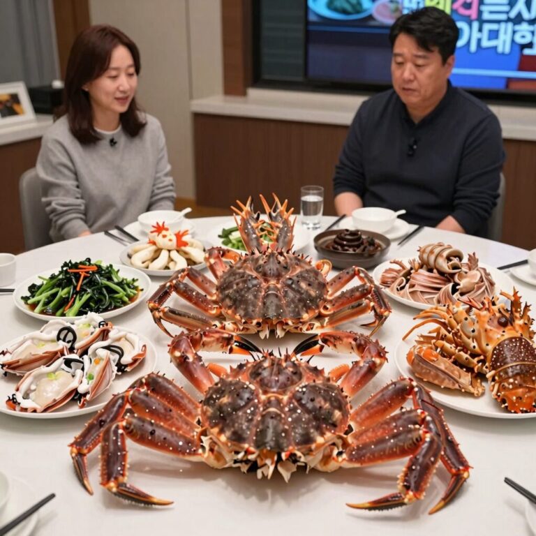 생방송 투데이 대식가해물대첩 방송 현장 사진, 넉넉한 식탁에 놓인 대게와 랍스터가 가득하다