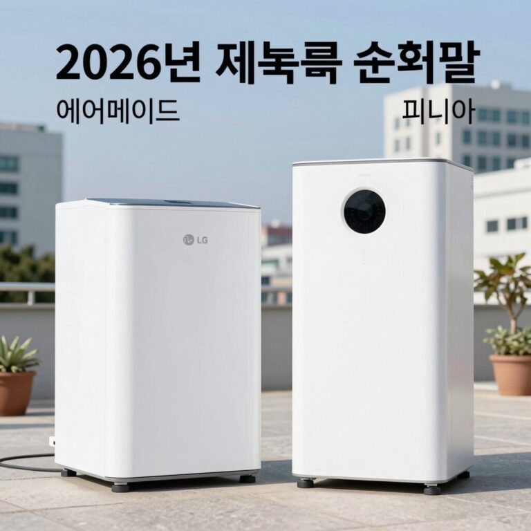 2026년 제습기 순위 비교를 위해 에어메이드, LG, 미니아 제품을 나란히 놓은 사진