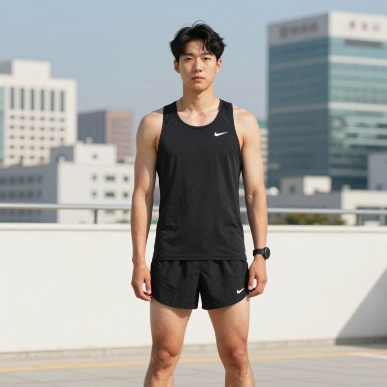 데상트 러닝 쇼츠 반바지를 착용한 모습. 블랙 컬러의 깔끔한 디자인과 운동복 스타일