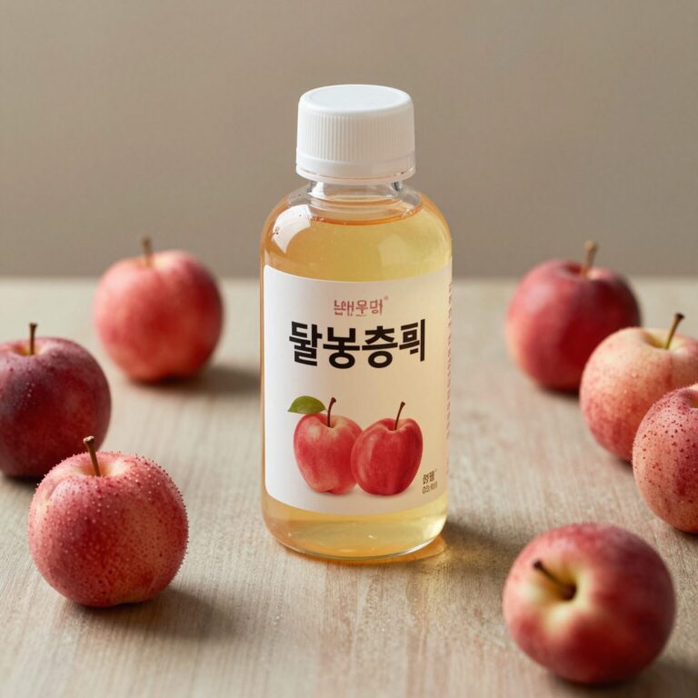 돌 복숭아 효소 한 병과 신선한 돌 복숭아가 테이블 위에 놓여 있는 모습