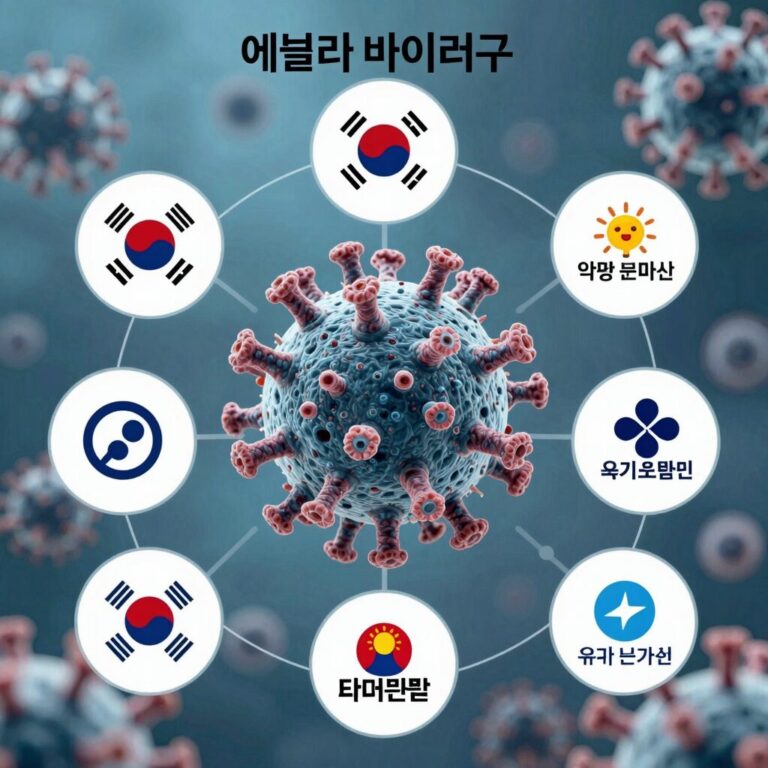 에볼라 바이러스 구조와 주요 관련주 기업 로고가 포함된 인포그래픽