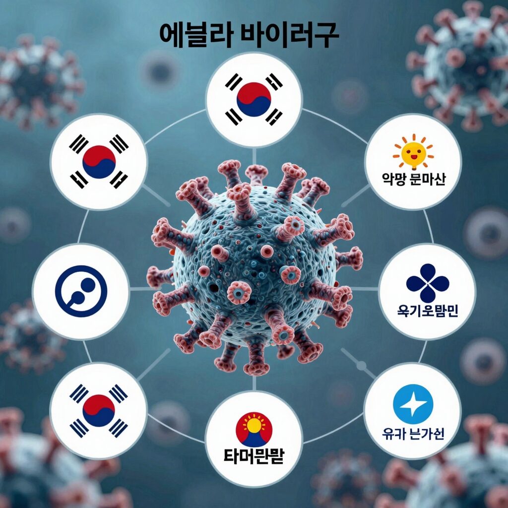 에볼라 바이러스 구조와 주요 관련주 기업 로고가 포함된 인포그래픽
