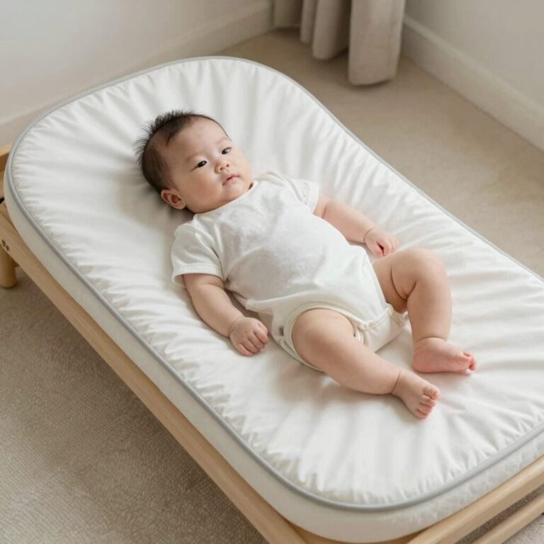 포몽드 듀라론 쿨매트 신생아 방 침대에 깔린 모습