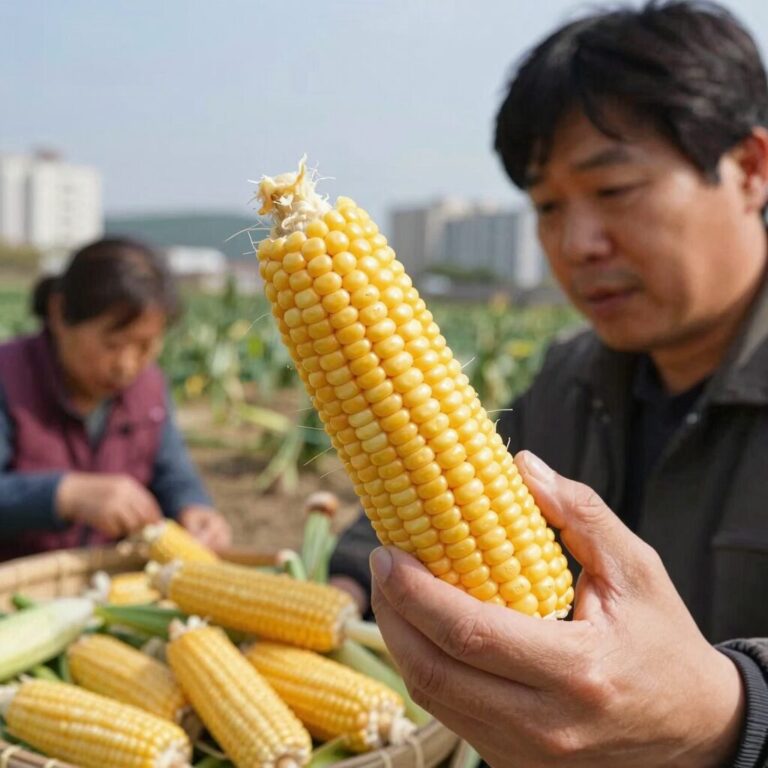 신선한 옥수수 껍질과 수염 상태를 확인하는 장면