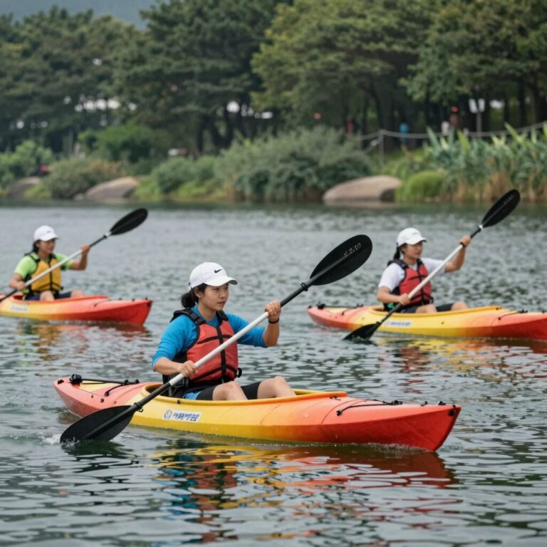 가평호에서 카약을 즐기는 사람들