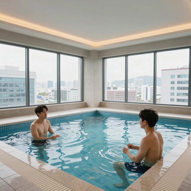 그라스 풀빌라 리조트의 실내 온수풀이 보이는 객실 인테리어