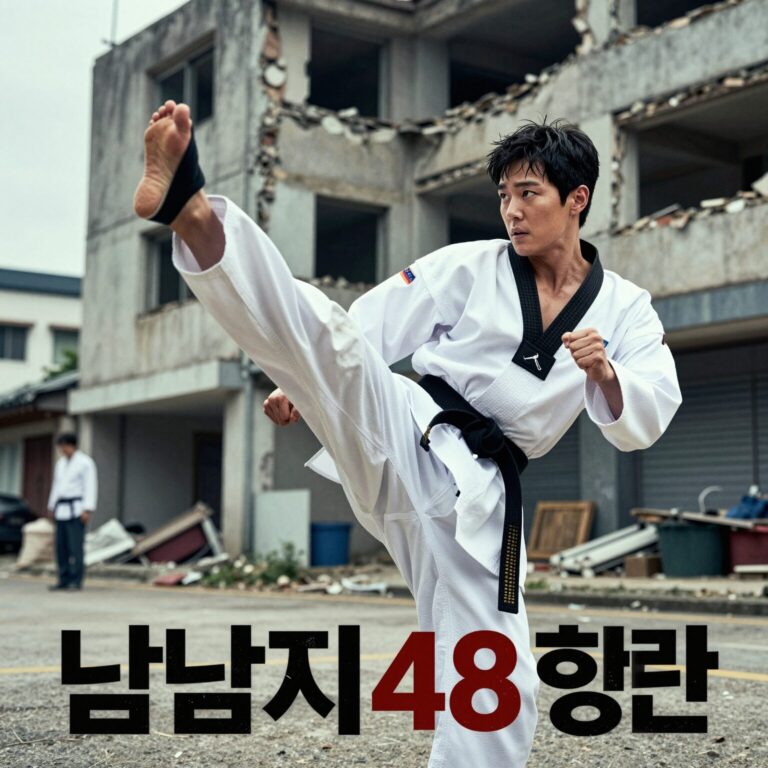 영화 납치48시간 메인 포스터 남우현이 태권도 동작을 취하고 있고 배경에 부서진 건물과 필리핀 거리가 보인다