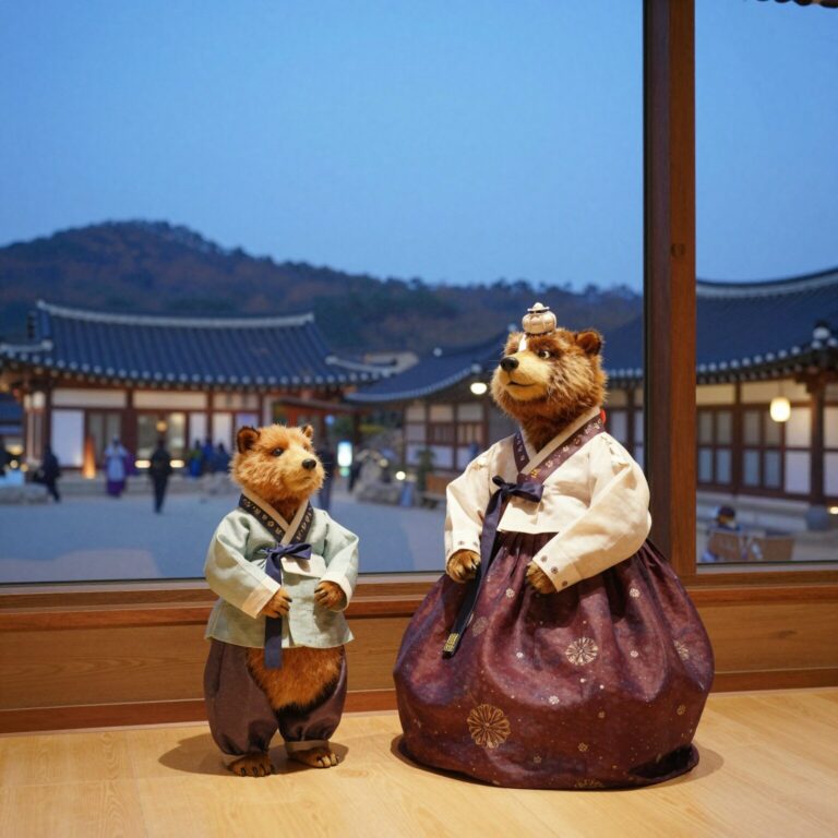 경주 블루원리조트 로비 야경으로 신라 전통 의상을 입은 곰돌이 인형과 따뜻한 조명