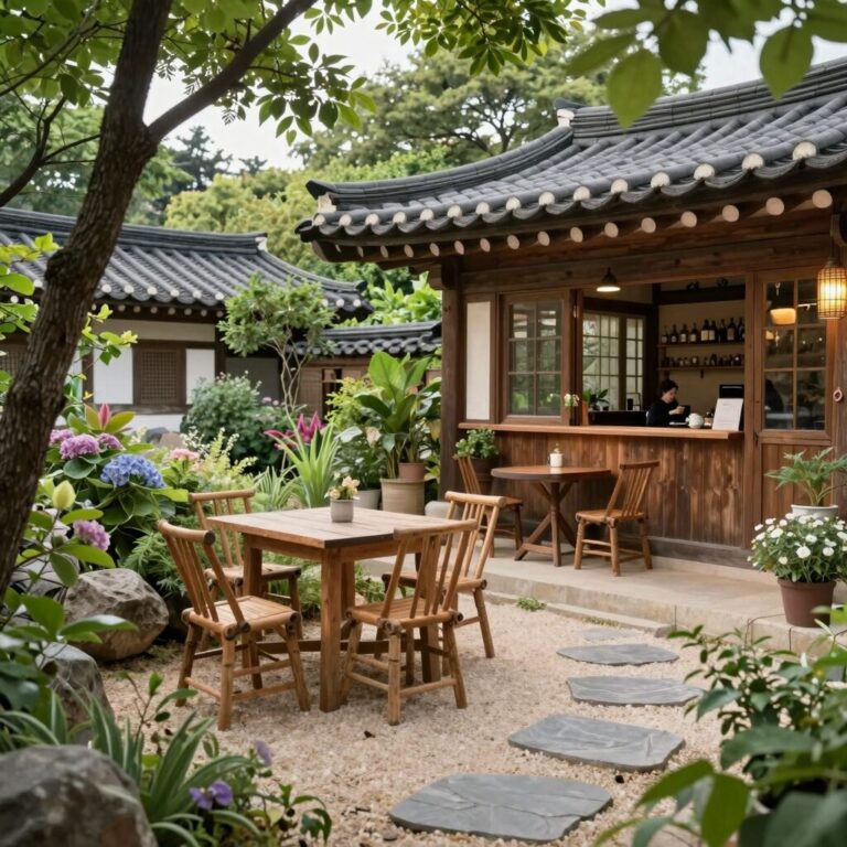 수국이 만개한 정원 풍경과 카페 야외 테라스