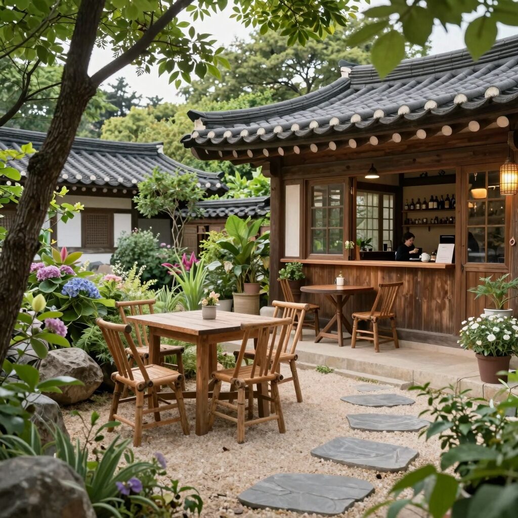 수국이 만개한 정원 풍경과 카페 야외 테라스