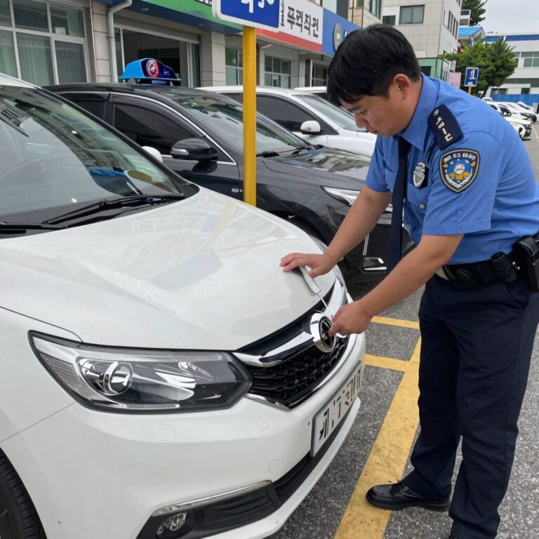 제주시 주차장에서 경찰이 현지홍 전 의원의 차량을 조사하는 모습. 무면허 운전 적발 당시 현장 상황을 보여주는 자료 사진.