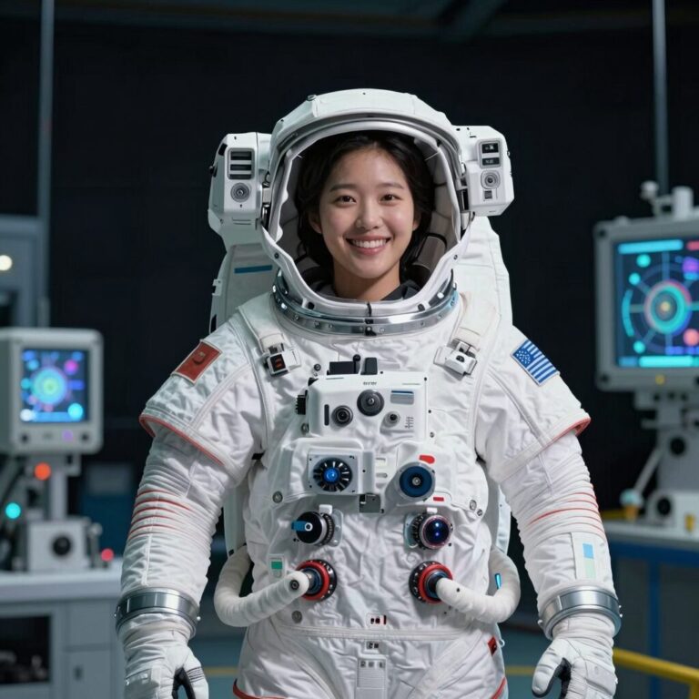 우주복을 입고 미소 짓는 이소연 우주인이 실험 장비 앞에 서 있는 모습