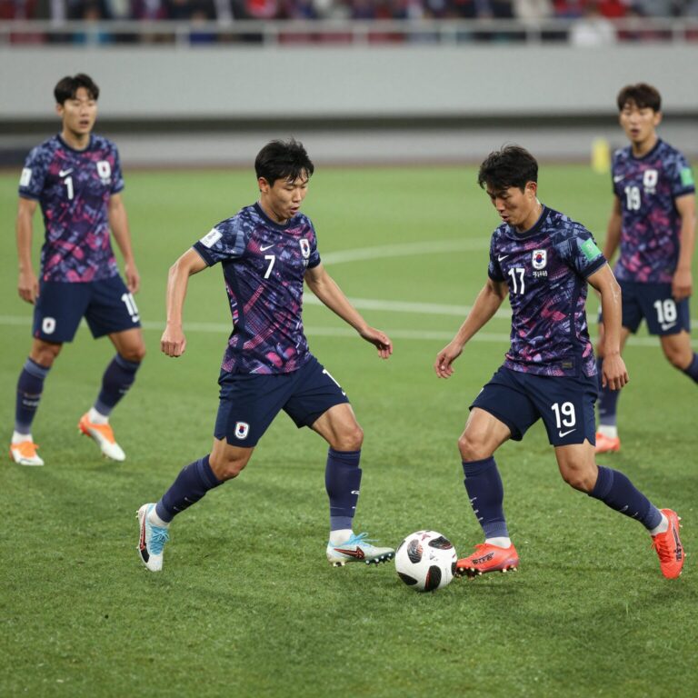 일본 축구 대표팀 선수들이 조직적인 패스 플레이를 펼치는 모습